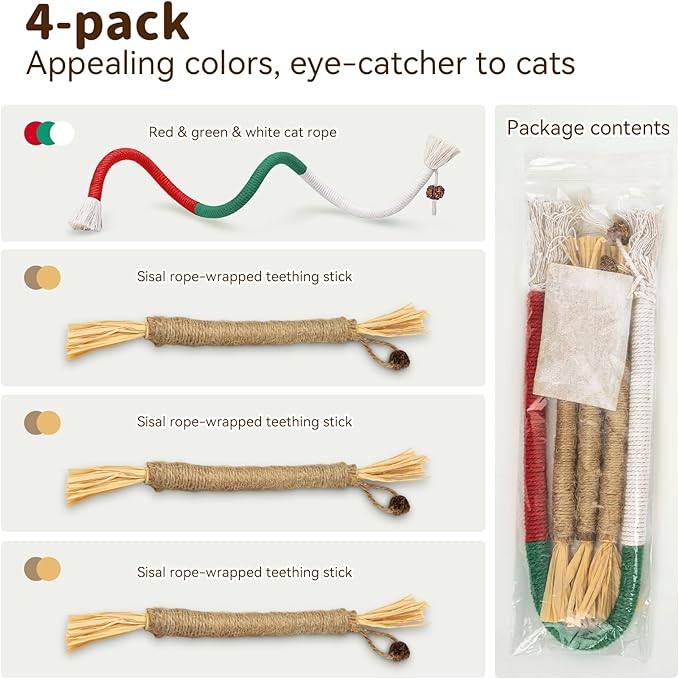 Cat Toys for Indoor Cats, 3 Pcs Silvervine Sticks & 1 Pc Cat Chew Rope for Teeth Cleaning, Interactive Dental Sticks with Catnip for cat enrichment, Kitten Chew Toys Teething for All Breeds Red