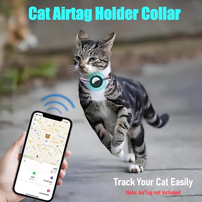 Reflective Cat Collar Fits for AirTag Holder, Breakaway Safety Buckle, Bell & Adjustable Strap for Cats Kittens - Compatible with Apple AirTag, Anti-Lost Pet Tracker Collar,Pink