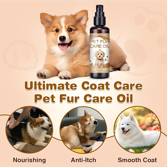 Pjordo Pet Fur Care Oil, 3.38 FL OZ Natural Oils with Collagen for Detangles, Reduces Shedding, Shiny & Silky Coat, Leave-in Conditioner for Dogs & Cats
