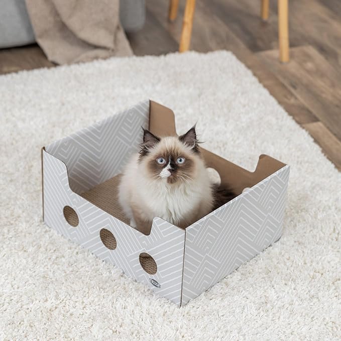 Trixie Scratching Box - Cardboard Cat Scratcher Bed with Two-Sided Scratch Pad - Indoor Cat Furniture with Play Catnip