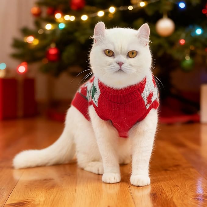 PUPTECK Christmas Cat Sweater, Soft Warm Turtleneck Pet Winter Clothes, Kitten Sweater Apparel, Knitwear Coat for Cats Puppy Outfit Cold Weather Clothes, Red&Green S