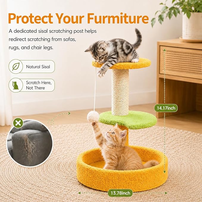 3-Level Small Cat Scratching Post with Cat Bed, 17.71" Cat Tree for Kittens, Sisal Scratcher with Hanging Ball, 15.74" Stable Base, Easy to Assemble for Indoor Cats Play, Furniture Protection
