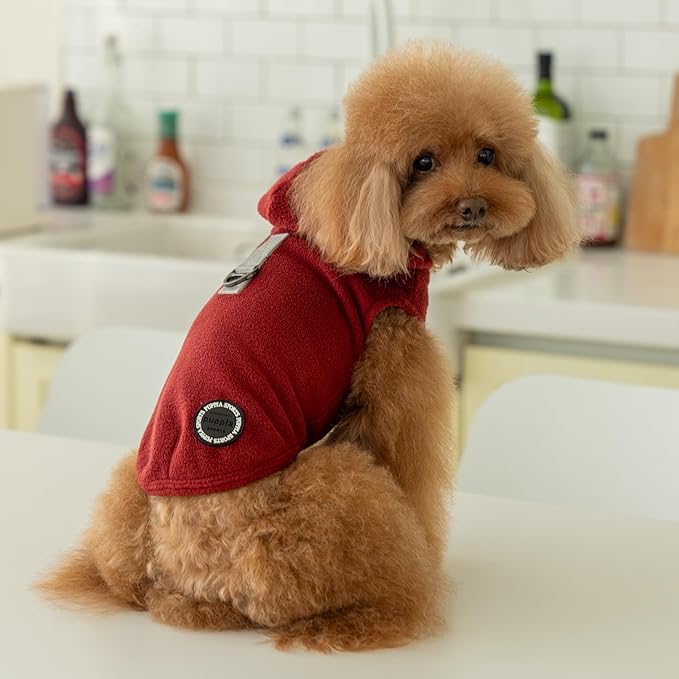 Puppia Zuko Warm Winter Hooded Polar Fleece Shirts with Integrated Harness for Small and Medium Dogs, Wine, Small