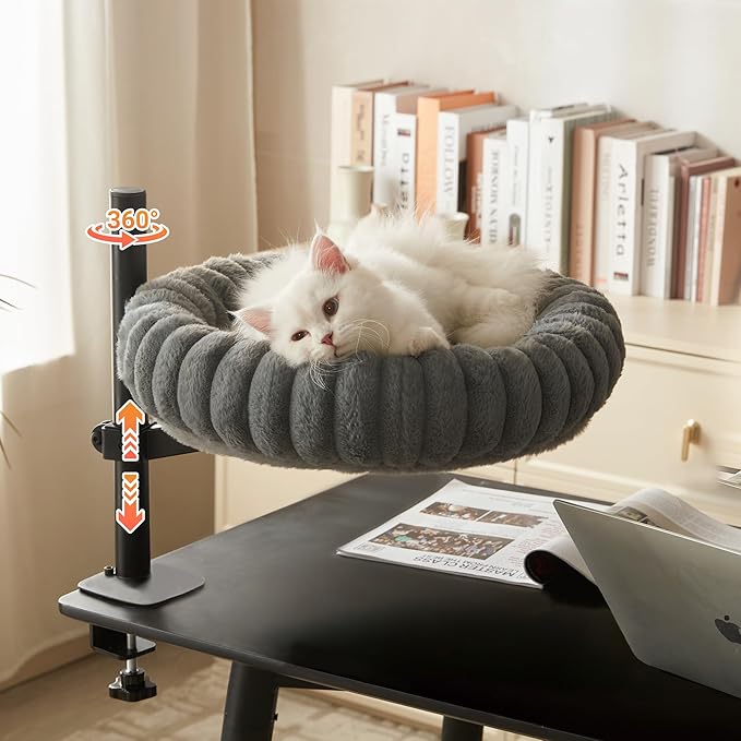 Dogpals 360° Rotating Cat Bed for Desk, Height Adjustable Cat Perch with Semi-Enclosed Design & Removable Cushion, No-Drill Clamp fits up to 1.18" Desk, Supports 9lbs for Office, Gaming Table, Grey