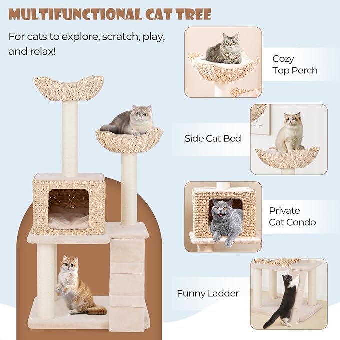 Tangkula Modern Cat Tree, 48 Inch Multi-Level Cat Tower with Sisal Scratching Posts, Cattail Fluff Condo & 2 Perches and Climbing Ladder, Aesthetic Cat Tree with Washable Cushions for Indoor Cats