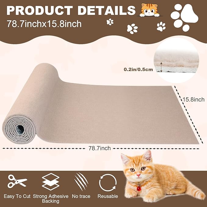 Cat Scratch Furniture Protector, 78.7"x15.8" Trimmable Anti-Scratch Mat with Adhesive Stickers & Thumbtacks, Self-Adhesive Scratch Pad for Couch, Sofa, Wall, Door and Cat Tree Khaki