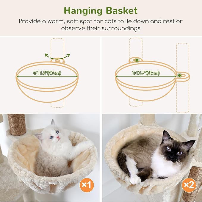 Globlazer Large Cat Tree, 80 inch Multi-Level Tall Climbing Tower Kitty Condos Cat Scratching Tower for Indoor Multiple Large Adult Cats Kittens with 3 Cat Caves, 3 Hanging Baskets, F80F, Beige