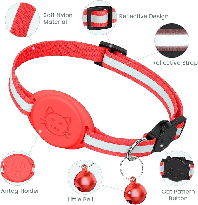 Upgrade Airtag Cat Collar, Reflective Kitten Cat Collar with Bell and Airtag Holder Compatible with Apple Airtags