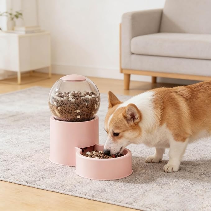 Automatic Cat Feeder, Water Dispenser Gravity Food Feeder and Water Set, Pack of 2, Cat Food Dispenser and Gravity Water Fountain for Cats Small Dogs Puppies Kittens Pets (Pink)