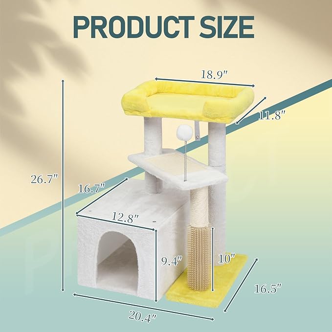 Cute Cat Tree,Cat Tree Tower for Indoor Cats,Adult Cat Tower with Scratching Post & Cat Condo,Sisal Scratching Posts,Padded Top Bed for Kittens,Cat Furniture Activity Center House (Yellow)