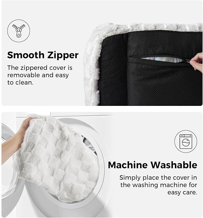 Made4Pets Cat Beds for Indoor Cats, Cat Couch Bed, Soft Faux Fur Checkered Pet Sofa, Calming Fluffy Kitten Sofa with Supportive Foam, Removable Washable Cover with Non-Slip Base, White, Small