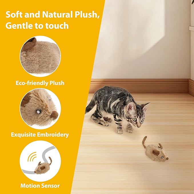 Gigwi Interactive Moving Cat Toy, Automatic Squeaky Cat Mouse Toy for Indoor Self Play, Upgraded 500mAh USB Rechargeable Electronic Pet Chase Toy with Furry Tail for Exercise