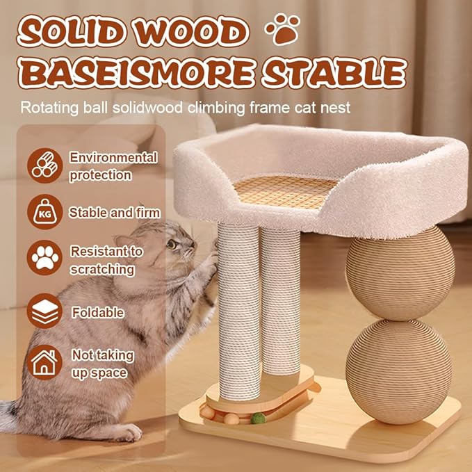 Modern Solid Wood Pet Cat Climbing Tree Tower with Sisal Ball Cooling Mat Cat Scratching Posts Wear Resist Integrated Sisal Bed Pet Climbing Frame Indoor for Summer (16.38X15.21X11.31 inch)