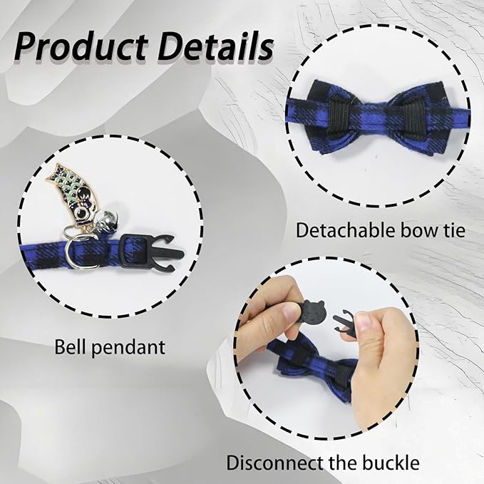 4 Pcs Bow Tie Cat Collar, Breakaway Kitten Collar Quick Release Cat Collars with Bell and Small Fish Pendant, Adjustable Plaid Kitten Collar for Cats/Pet Cats Kittens