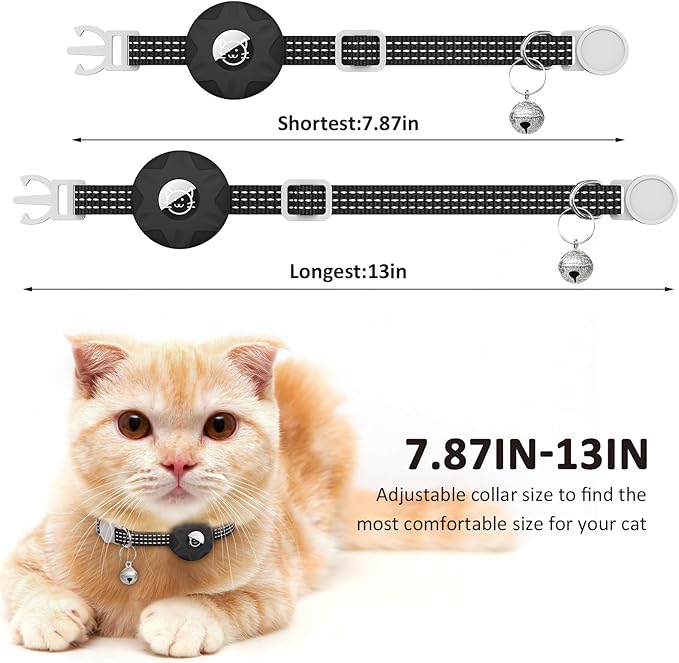 AirTag Cat Collar, Reflective GPS Tracker with AirTag Holder and Bell, Lightweight, Unisex, Black/Pink, Small Cats