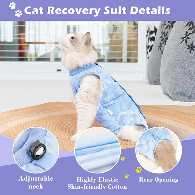 2 Pack Cat Surgery Recovery Suit for Female and Male, Soft Cat Spay Shirts Clothes, Comfortable Kittens Pajamas Onesie, Adjustable Fit to Stop Licking, Blue S