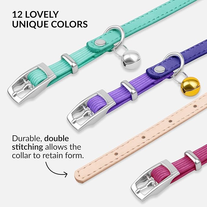 CollarDirect Leather Cat Collar with Removable Bell – Safety Elastic Strap (Breakaway Alternative) – Kitten Collar for Small & Big Boy & Girl Cats