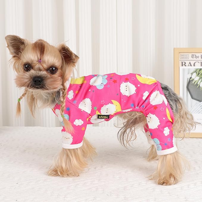 Dog Pajamas Small Sized Boy Girl, Cotton Stretchable Pet Clothes Jammies Puppy Outfits for Dogs Female Male, Spring Summer Doggie Doggy Pjs (Pink Moon, XS)