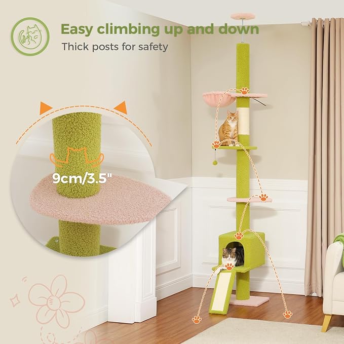 PETEPELA Floor to Ceiling Cat Tree, Cat Tower 5 Tiers Tall (83-108 Inches) Adjustable Height, Climbing Tree Featuring with Spacious Condo, Scratching Post and Perches for Indoor Cats, Pink