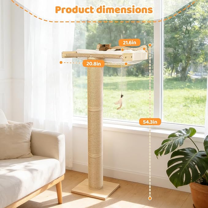 Cat Window Perch Hammock with 3-Piece Detachable Roman Column Sisal Scratching Posts, White Fluffy Cusion, Drill-Free Suction Cup Mount, Extra Large for Large Cats & Maine Coons, 60 LBS Capacity