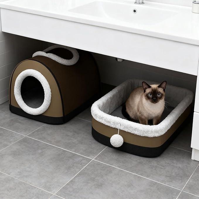 Enclosed House & Open Bed for Indoor Cats,Constant Modifiable Puss Bed with Removable Top Winter Season Double Manner Plan Revertible Pillow,Multi-Functional Pet Furniture with Scratch Pad