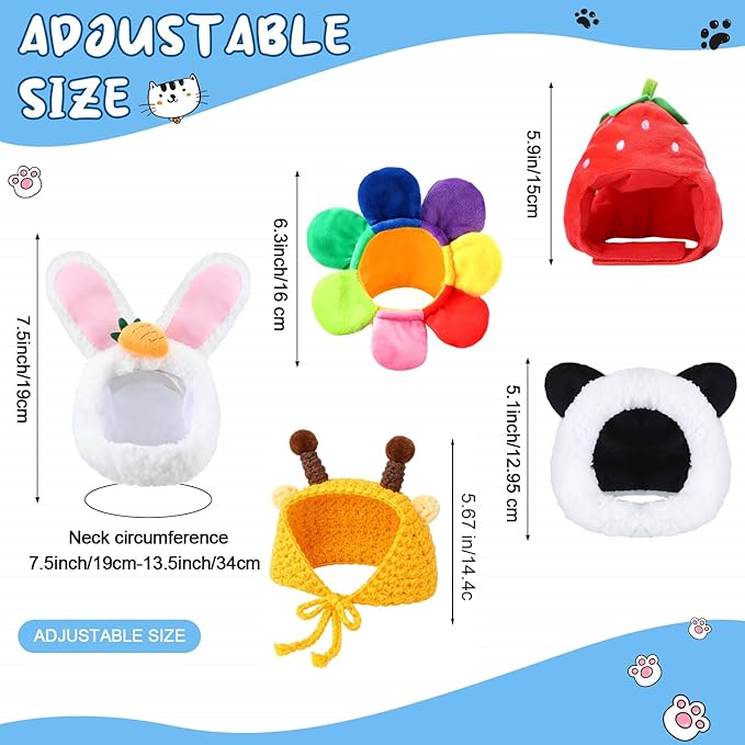 Weewooday 5 Pcs Cat Adorable Costume Bunny Hat with Ears Funny Mane Cat Hat for Pets and Small Dogs Kitten Puppy Party Costume Accessory Headwear(Panda, Rabbit, Pineapple, Strawberry, Flower)