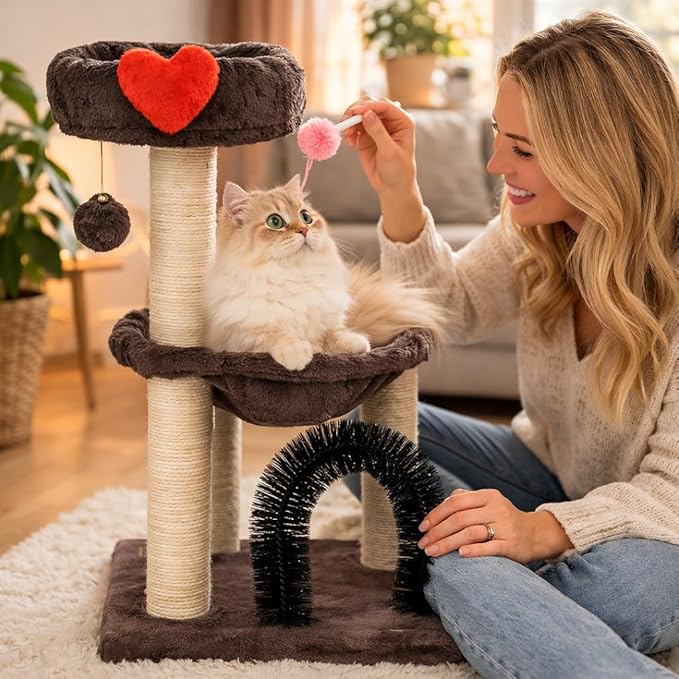 Simple Deluxe 27.8" Small Cat Tree Tower for Indoor Cats, Multi-Level Cute Cat Tree with Scratching Post| Plush Hammock| Perch| Replaceable Cover| Groomer Brush| Dangling Ball for Kittens Play & Rest