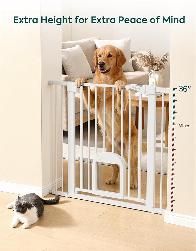 Babelio 36" Tall Upgraded Baby Gate with Cat Door, 29-43" Auto Close Durable Dog Gate for Stairs, Doorways and House, Easy Walk Thru Safety Gate with Pet Door Includes 4 Wall Cups, White