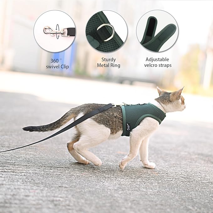 Cat Harness and Leash for Walking Escape Proof Breathable Mesh Fabric, Solid Green, Extra Large, Adjustable Cat Walking Jackets, Padded Stylish Cat Vest