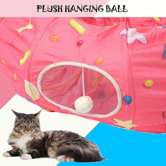 Large Cat Donut Tunnel, Big Cat Tunnel Bed,Fluffy Toy Balls, Small Cushion and Flexible Design- 12 inch Diameter, Great for Small Dogs,Pink