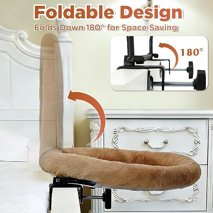 IPOW Heavy Duty Steel Frame 180°Rotating Cat Bedside Bed Semi-Circular Cat Bed for Bedside, Soft Faux Rabbit Fur Material, Suitable for Various Desktops-Maximum Hold Up to 40lb