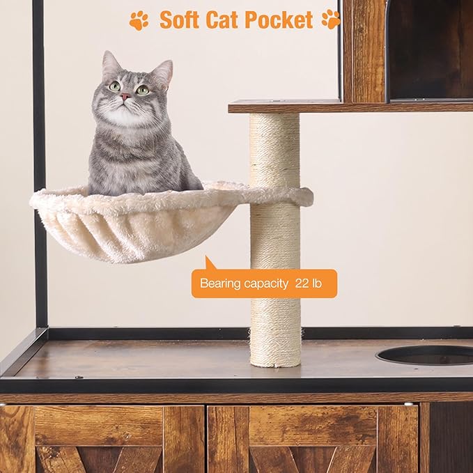 Cat Litter Box Enclosure,Hidden Litter Box Furniture with Metal Frame,Wooden Kitty House with Barn Door,Wooden Cat Washroom Furniture,Fit Most of Litter Box (Wood, M)