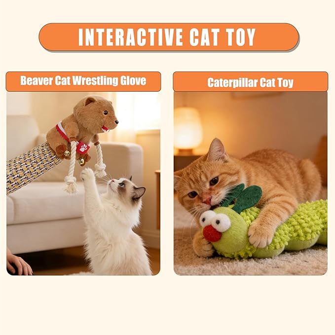 Cat Wrestling Glove Puppet for Indoor Cats – Interactive Bite Resistant Cat Toy with Protective Arm Sleeve & Catnip Caterpillar