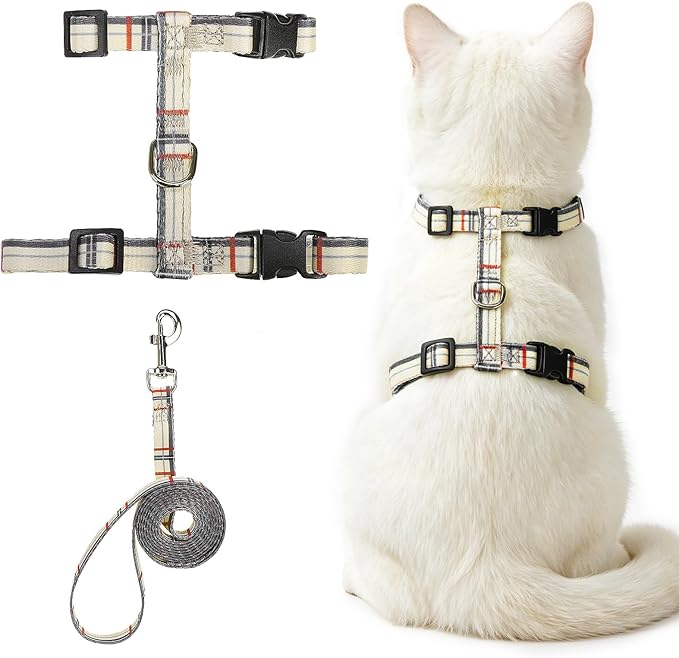 PUPTECK Adjustable Cat Harness and Leash Set Escape Proof Kitten Strap Collar for Walking Travel, Beige Plaid