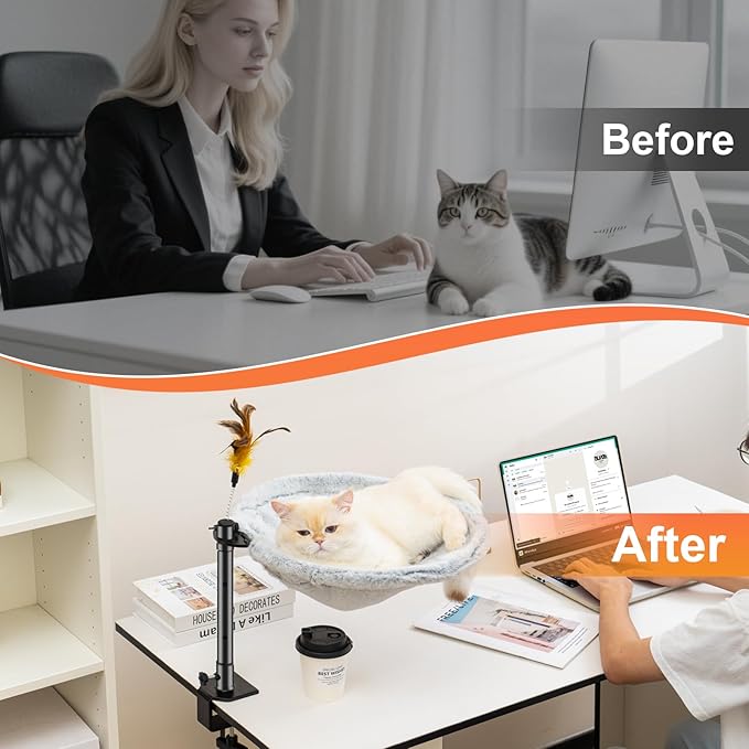 Uross Cat Desk Bed - Adjustable Height & 360 Rotation Cat Desk Perch Mount for Office and Game Tables, Attachment Desktop Bed with 2 Washable Covers, Soft Rabbit Fur& Breathable Mesh -Grey