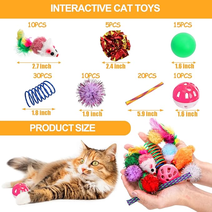 Nicunom 100 Pcs Cat Toys for Indoor Cats and Kittens - Spring, Fur Mice, Crinkle Ball, Sparkle Pom Pom Ball, Bell, Catnip Rope, Variety Cat Interactive Toy Set
