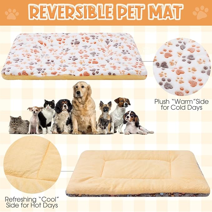 2 Pack Self Warming Cat Dog Bed Pet Mat 27" x 19" Soft Thermal Dog Pad with Cute Prints Reversible Washable Thickened Crate Mat for Indoor Outdoor Kittens Small Pets Feral(White;Brown)