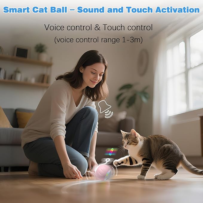 2.36 Inches Large Cat Toys Ball - Won’t Get Stuck, [Newly Upgraded] Sound & Motion-Activated, 2 Speed Fast/Slow Settings Automatic Interactive Cat Toy for Indoor Cats with 5 Tails Rechargeable - Pink