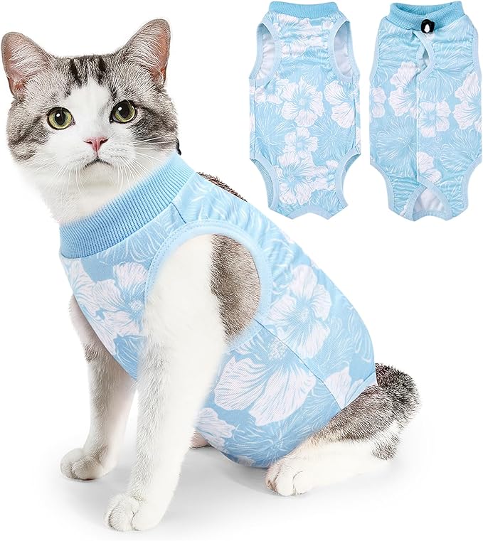 SlowTon Cat Recovery Suit - Cat Onesie for Cats After Surgery Female Male, Kitten Clothes Cats Surgical Spay Suit Abdominal Wounds, E-Collar Alternative Bodysuit Shirt Anti-Licking (Blue Flower,M)