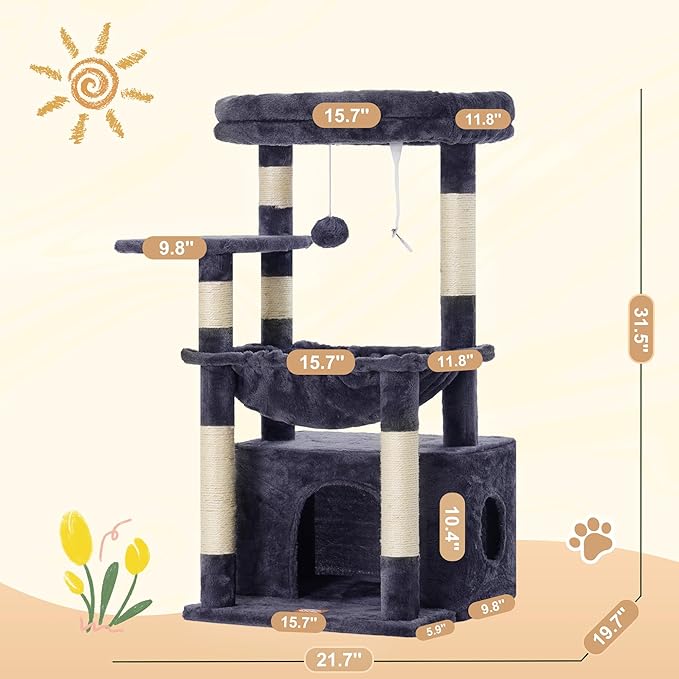 Heybly Cat Tree, Kitten Tower with Large Soft Cat Basket,Cat Condo with Spacious Cat Bed Cave with Hidden Space，Sisal-Covered Scratching Posts,Dangling Ball for Indoor Cats, Smoky Gray HCT008SG