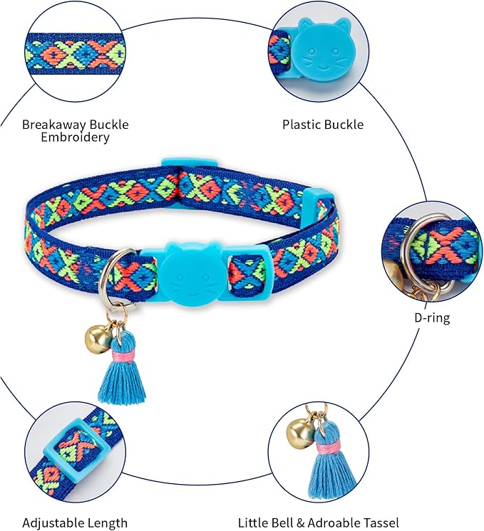 2 Pack Cat Collar Breakaway Cute Colorful Pattern for Cat Boy Girl Adjustable Length Collar with Little Bell Tassel Tribal Bohemian Pattern (2 Pack⎮Orange+Blue)