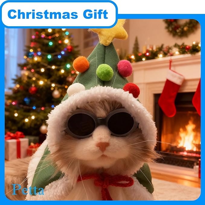 Cat Christmas Costumes Outfit Green Xmas Tree Elf Pet Cloak with Hat with Star and Pompoms Puppy Cape Clothes Party for Small Dogs Cats Pet Santa Presents,Green,Medium PC305-1-M