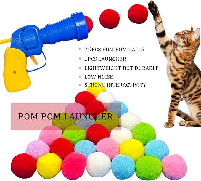 HerMia Colorful Cat Toys Bulk for Indoor Cats, 84 Pcs Interactive Kitten Toys Set, Cat Toy Cat Toy Bundle for Multiple Cats with Plush Balls Launcher & Teaser Wand, Includes Crinkle Balls, Springs