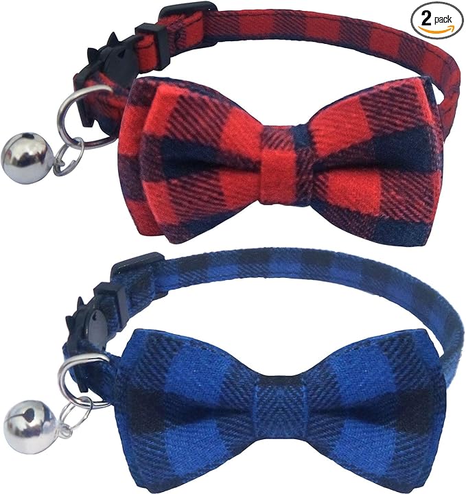 2 Pack/Set Cat Collar Breakaway with Cute Bow Tie and Bell for Kitty and Some Puppies, Adjustable from 7.8-10.5 Inch