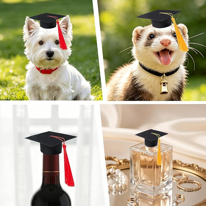 Mini Graduation Caps with Gold and Red Tassel, 2 Pack Black Mini Graduation Caps, Small Animal Bachelor Hats for Adjustable Pet Graduation Photo Props Cat Dog Holiday Costume Accessories