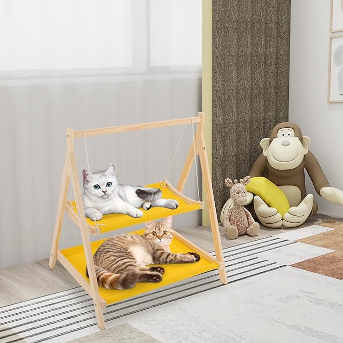 Cat Hammock Bed, Double Layer Indoor Bunk Cat Swing Bed, 28 x 22.4 x 32.3 Inch Pet Bed Washable Pet Hanging Cat Bed Elevated Cat Bed for Homes, Pet Stores, Catteries, Balconies (Yellow)