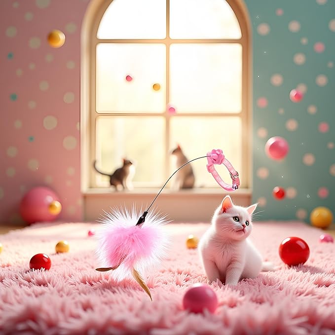 Jowxsx Pink Teasing Collars Funny Kitten Automatic Toy with Feather Decoration Relieve Boredom Supplies Cat Feather Toys Cat Amusing-Collar Hands-Free Toy