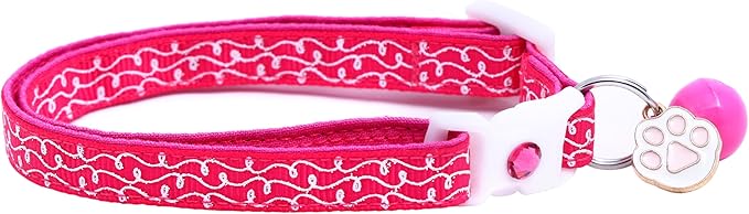 Striped Cat Collar with Bell | Safety Breakaway Collar | Adjustable Large Size or Kitten Collar (White Squiggles on Pink, Large(10lbs & Up))