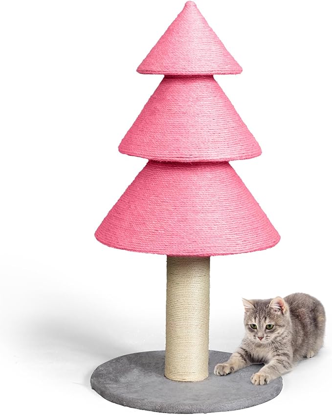 VINGLI 31.5in Christmas Tree Cat Scratcher Tower, Pink Cat Tree with Sisal Scratching Post & Soft Fleece Base, Stable Cat Scratcher for Kittens & Adult Indoor Cats