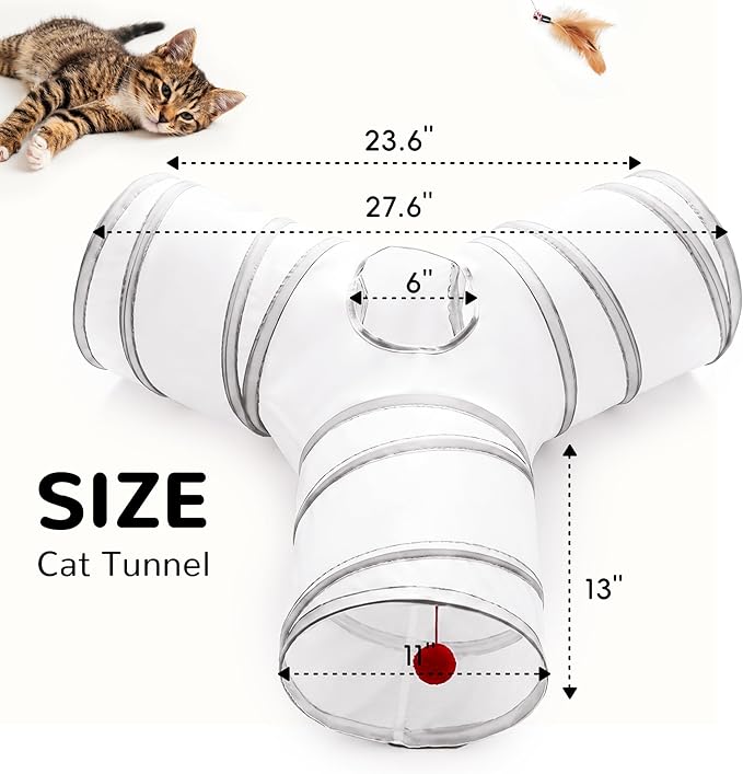 Tempcore Cat Tunnel for Indoor Cats, 3-Way Collapsible Play Tunnel with Teaser Wand, Peek Holes & Toy Ball, Small Pet Toy for Kittens & Rabbits, White & Light Grey